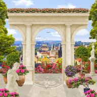 Фотообои Терраса с цветами и видом на город